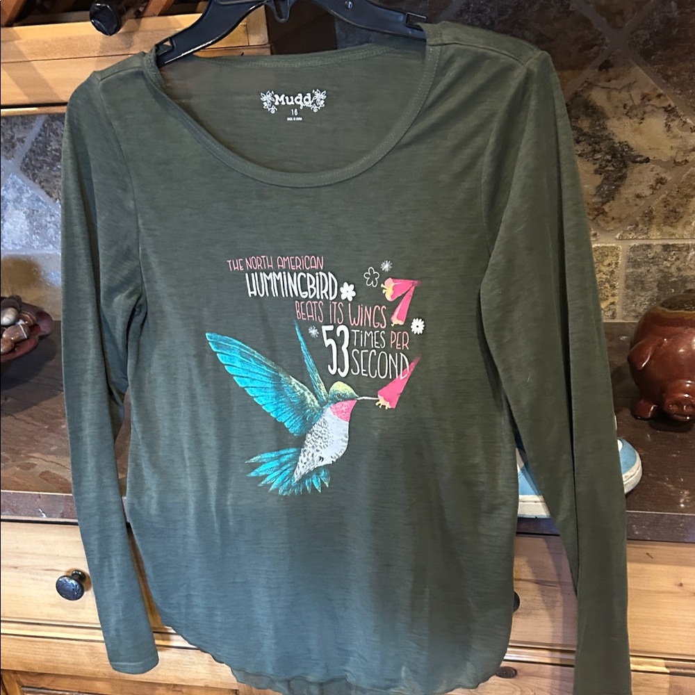 Girls Green Long Sleeve Top with Hummingbird Print